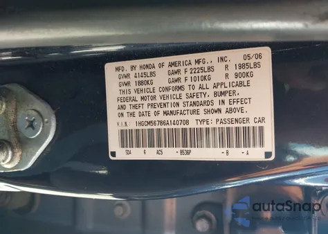 2006 Honda Accord 2.4 Ex from USA, damaged, VIN 1HGCM56786A140708
